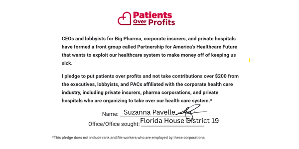Suzanna Pavelle's signed Patients over Profits pledge